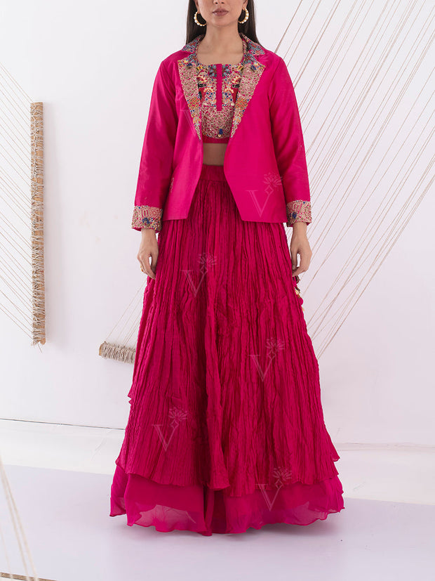 Pink Silk Embroidered Jacket and Skirt Set