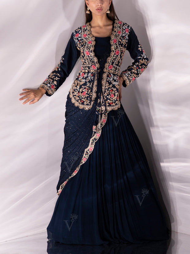 Navy Blue Georgette Jacket Set