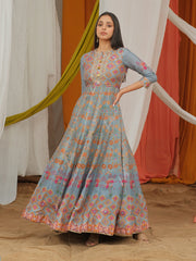 Grey Vasansi Silk Printed Anarkali Gown