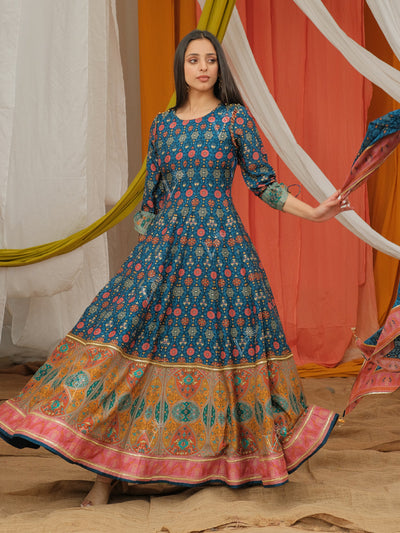 Blue Vasansi Silk Printed Anarkali Gown