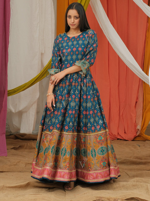 Blue Vasansi Silk Printed Anarkali Gown