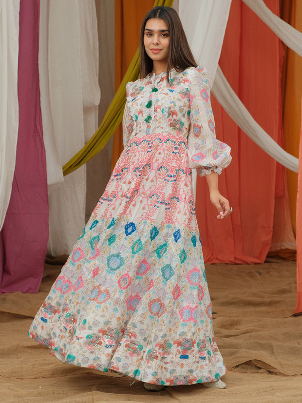 Off-White Vasansi Silk Printed Anarkali Gown