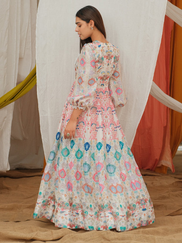 Off-White Vasansi Silk Printed Anarkali Gown