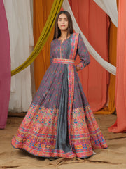 Dark Grey Vasansi Silk Printed Anarkali Gown