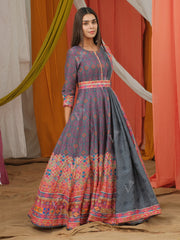 Dark Grey Vasansi Silk Printed Anarkali Gown