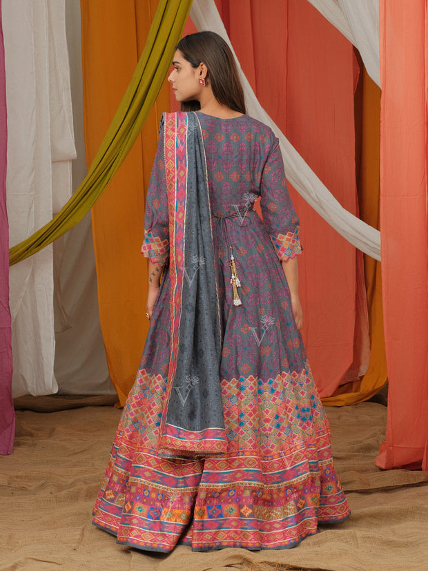 Dark Grey Vasansi Silk Printed Anarkali Gown