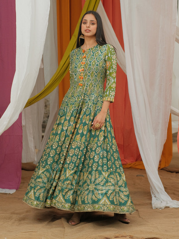 Green Vasansi Silk printed Anarkali Gown