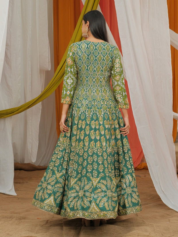 Green Vasansi Silk printed Anarkali Gown