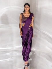 Wine Satin Silk Cocktail Saree