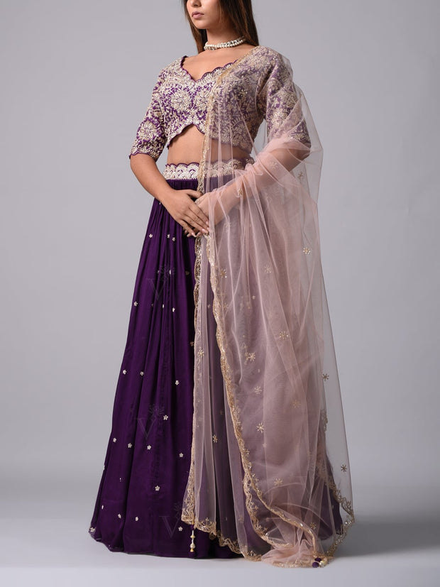 Wine Wrinkle Crepe Lehenga Set