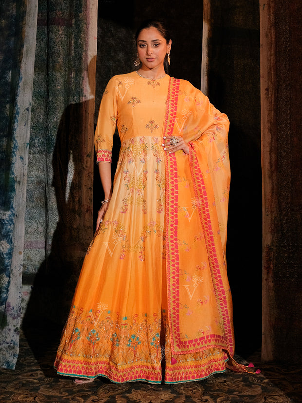 Orange Vasansi Silk Printed Anarkali Gown