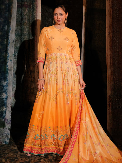 Orange Vasansi Silk Printed Anarkali Gown