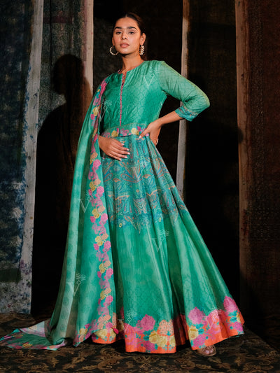 Sea Green Vasansi Silk Printed Anarkali Gown