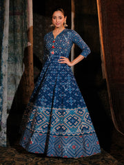 Blue Cotton Printed Anarkali Gown