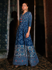 Blue Cotton Printed Anarkali Gown