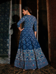 Blue Cotton Printed Anarkali Gown