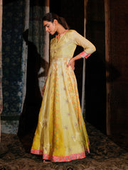 Lemon Yellow Vasansi Silk Printed Anarkali Gown