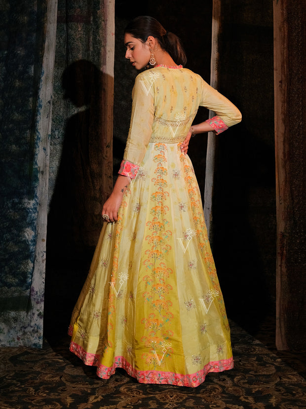 Lemon Yellow Vasansi Silk Printed Anarkali Gown