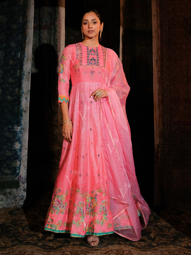 Pink Vasansi Silk Printed Anarkali Gown