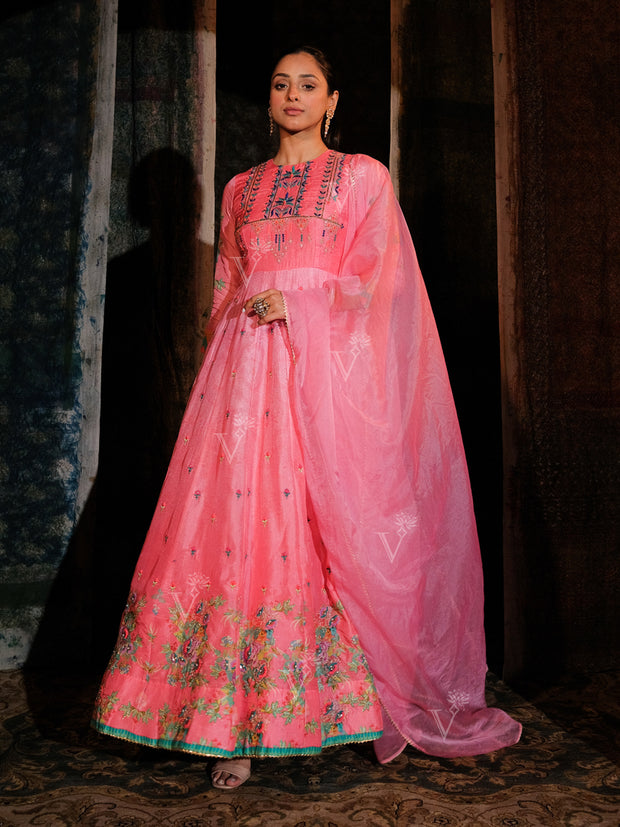 Pink Vasansi Silk Printed Anarkali Gown