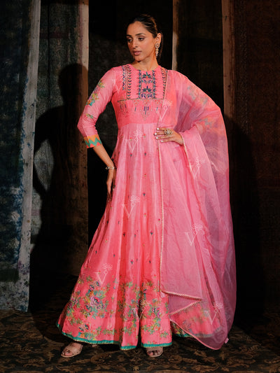 Pink Vasansi Silk Printed Anarkali Gown