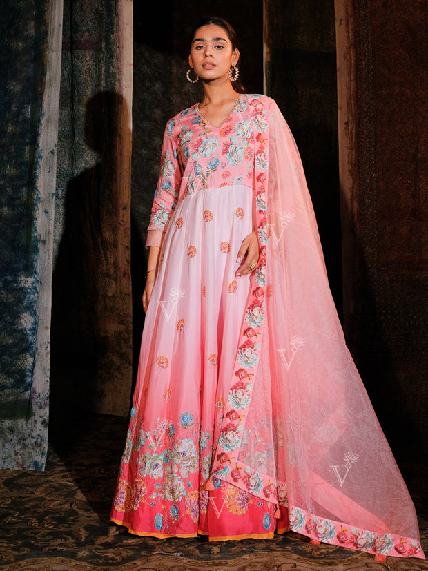 Pink Ombre Vasansi Silk Floral Print Anarkali Gown