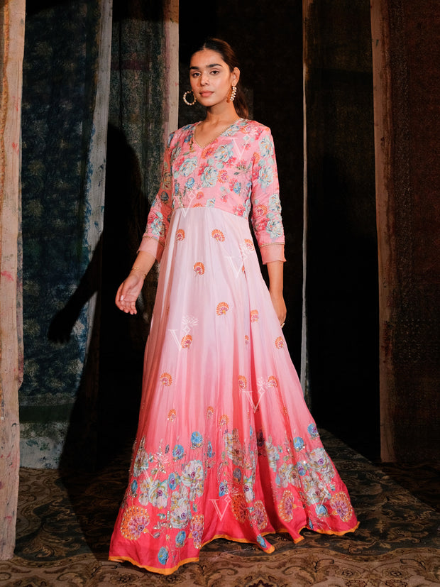 Pink Ombre Vasansi Silk Floral Print Anarkali Gown