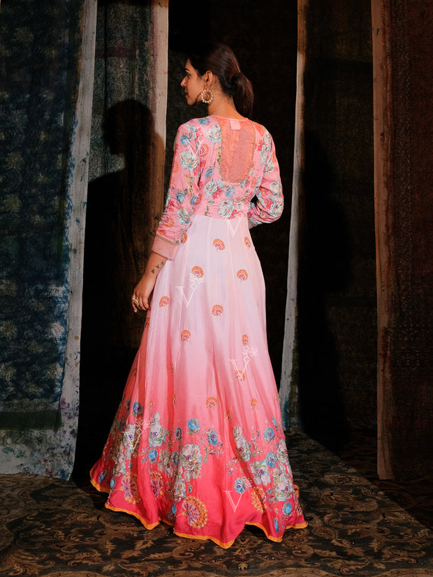 Pink Ombre Vasansi Silk Floral Print Anarkali Gown