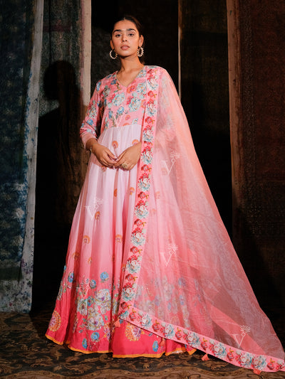 Pink Ombre Vasansi Silk Floral Print Anarkali Gown