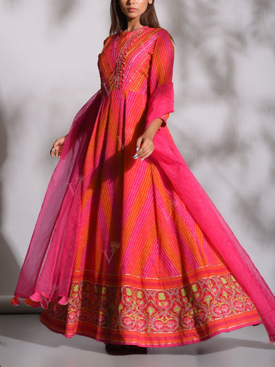 Pink Leheriya Anarkali Gown