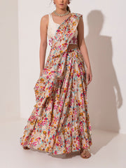 Multi Color Floral Print Pre Draped Dress