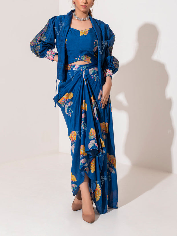 Indigo Blue Printed Drape Skirt Set