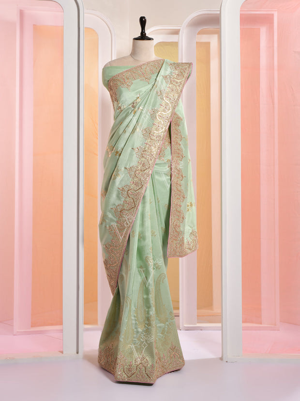 Pista Green Banarasi Silk Gotta Patti Saree