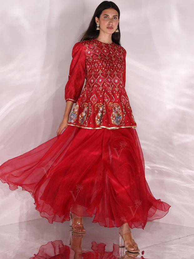 Red Organza Palazzo with embroidered Peplum Top