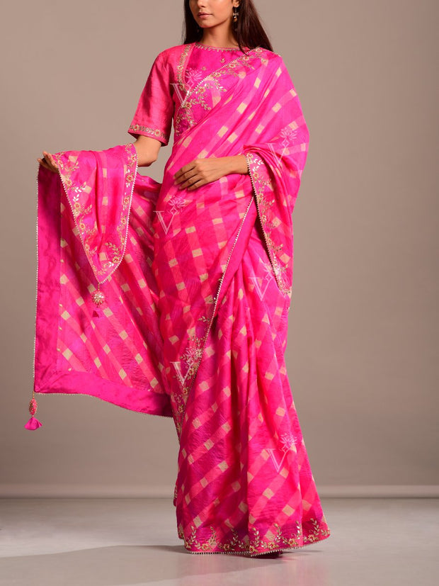 Hot Pink Silk Leheriya Gota Patti Saree