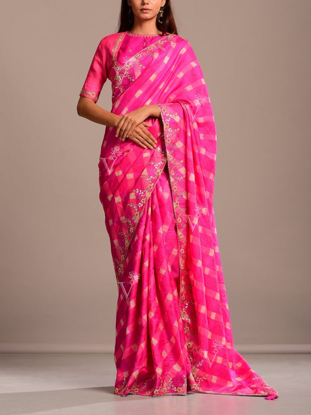 Hot Pink Silk Leheriya Gota Patti Saree