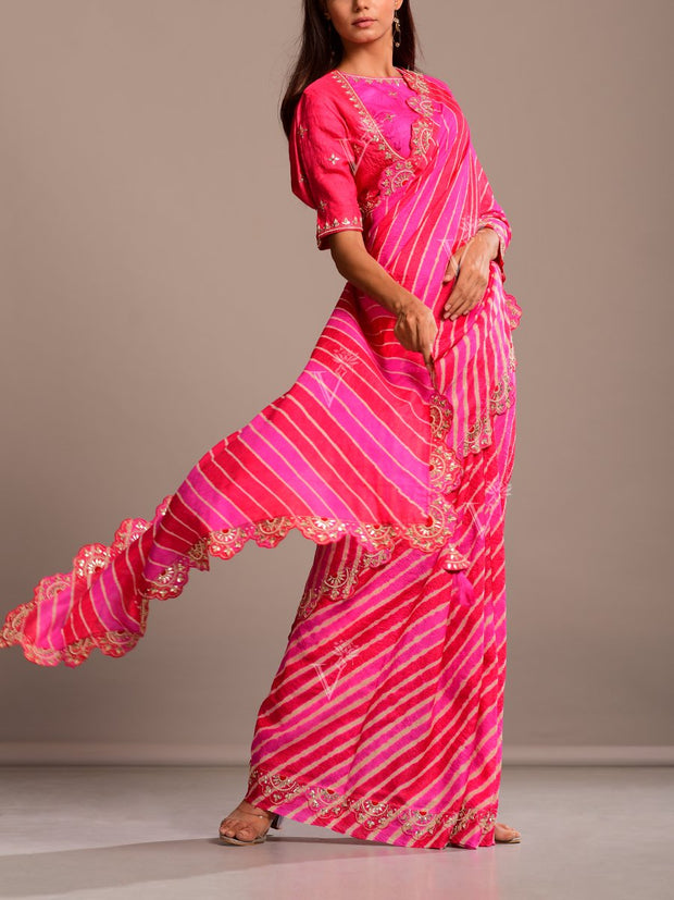 Pink And Coral Silk Leheriya Gota Patti Scalloping Saree