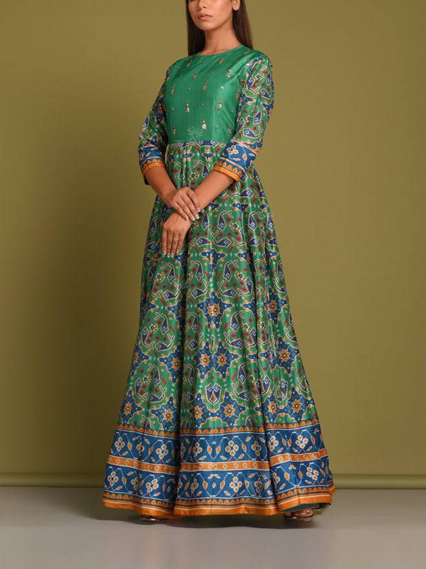 Green Vasansi Silk Patola Anarkali Gown