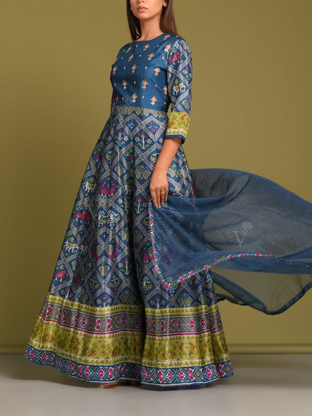 Berry Blue Vasansi Silk Patola Anarkali Gown