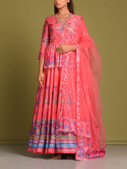 Brick Pink Silk Kailidar Peplum Top & Dupatta