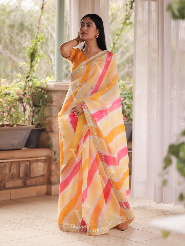 Yellow and Pink Kota Silk Leheriya Gota Patti Saree