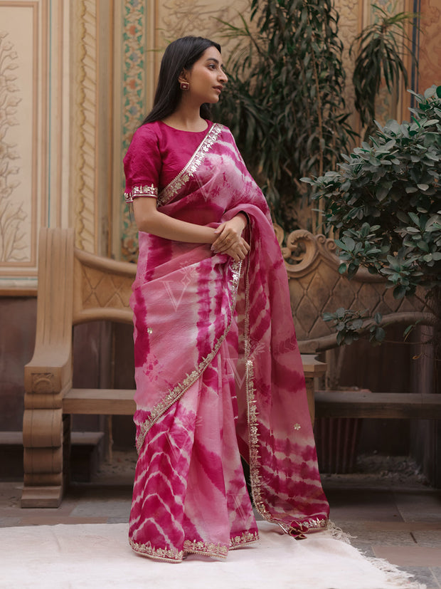 Rani Pink Leheriya Kota Silk Gota Patti Saree