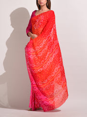 Red And Pink Chinnon Bandhani Saree