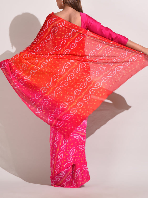 Red And Pink Chinnon Bandhani Saree