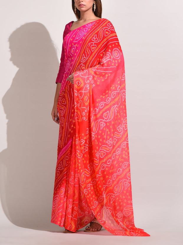 Red Chinnon Bandhani Saree