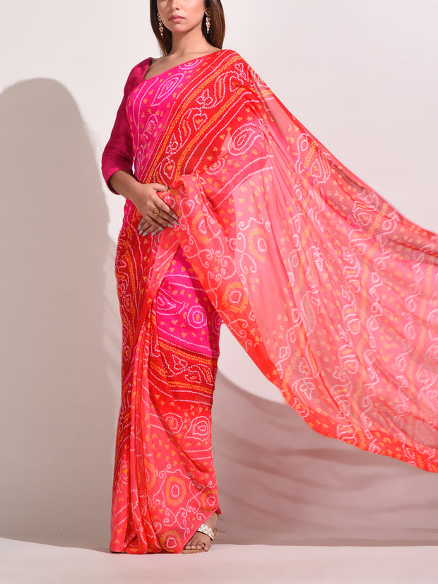 Red Chinnon Bandhani Saree