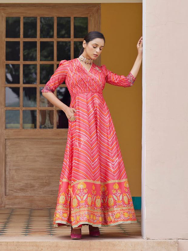 Red Leheriya Vasansi Silk Anarkali Gown