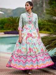 Baby Blue Vasansi Silk Leheriya Anarkali Gown