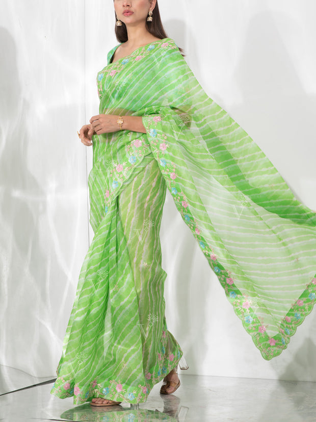 Green Organza Leheriya Saree