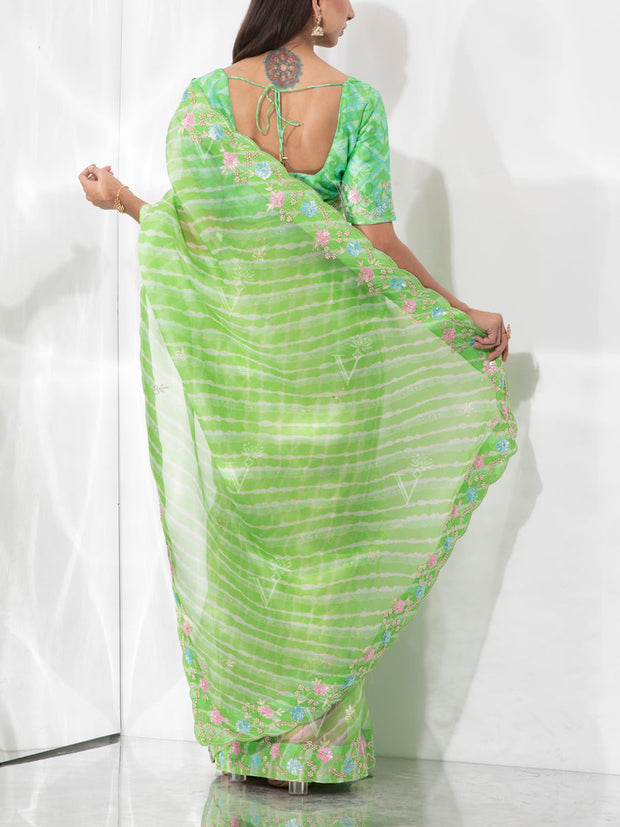 Green Organza Leheriya Saree